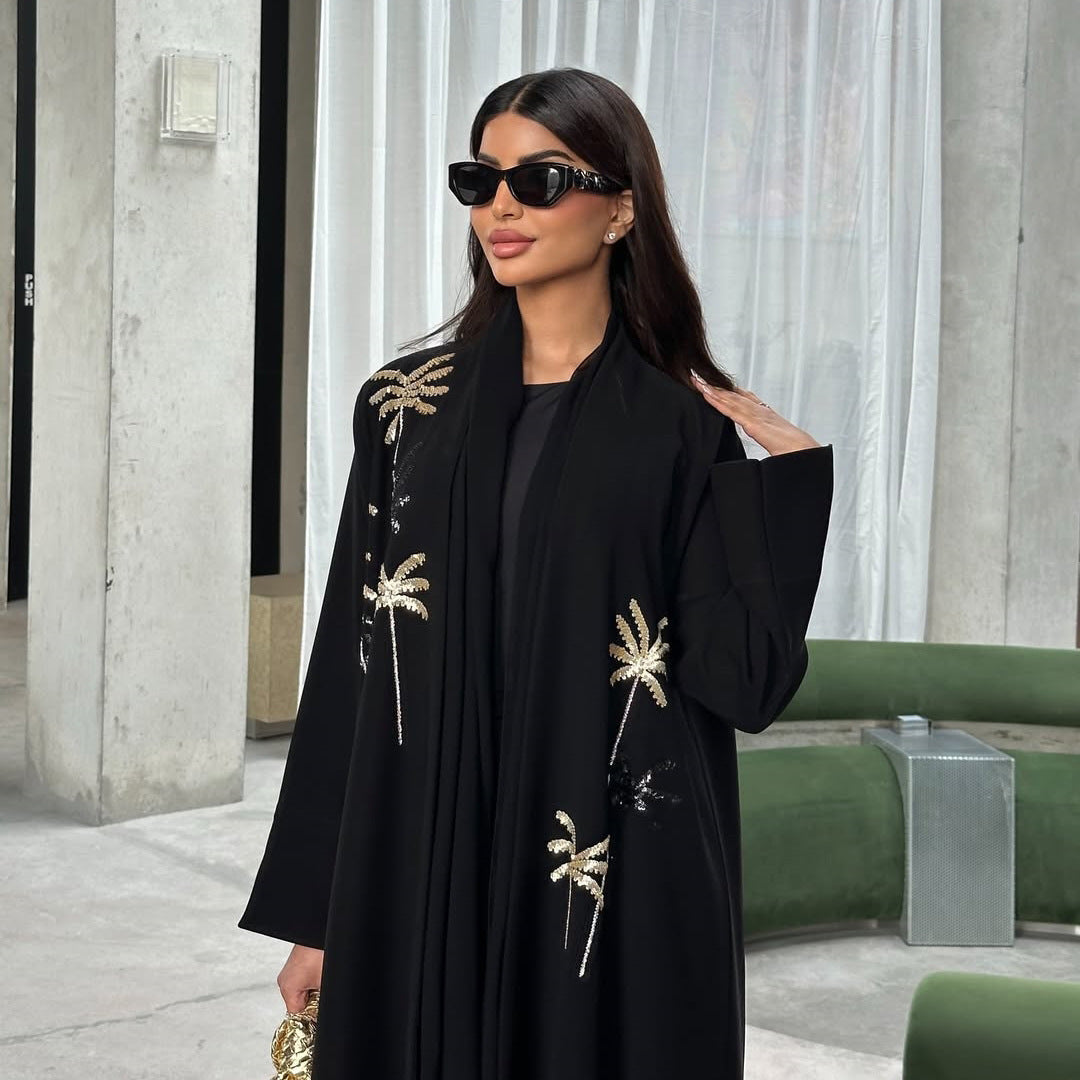 Premium bestickte Abaya "Palm Grove" Offene Robe mit Gold-Palmen Stickerei (Schwarz)