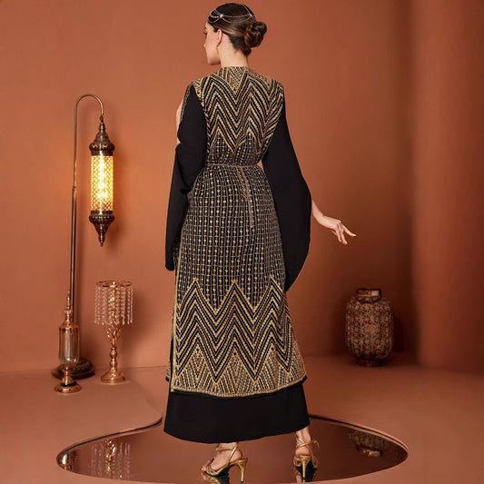 Marokkanisches Kaftan-Kleid „Mia“ – Schwarz mit Gold-Stickerei