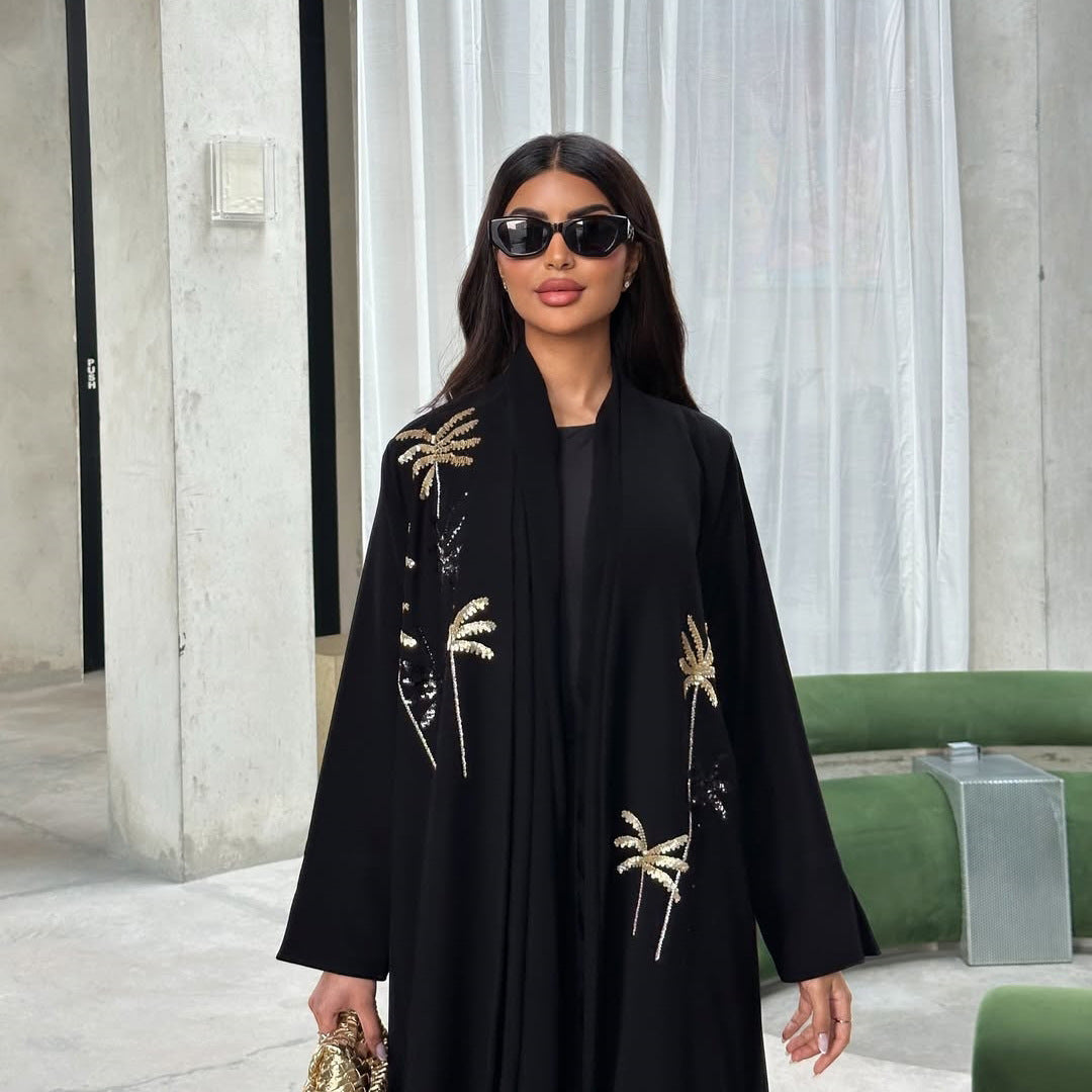 Premium bestickte Abaya "Palm Grove" Offene Robe mit Gold-Palmen Stickerei (Schwarz)