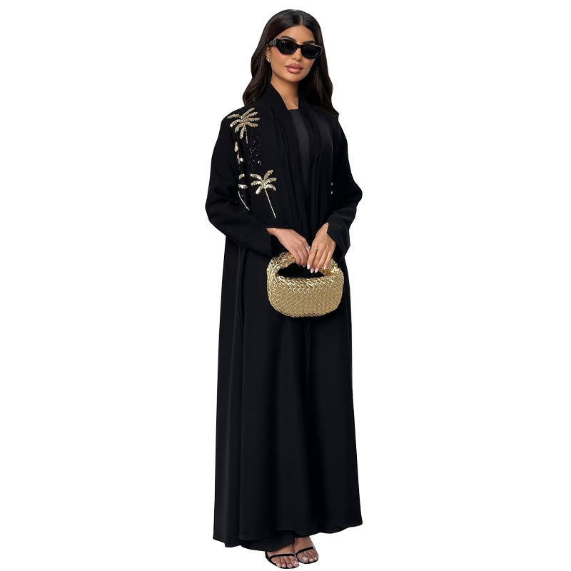 Premium bestickte Abaya "Palm Grove" Offene Robe mit Gold-Palmen Stickerei (Schwarz)
