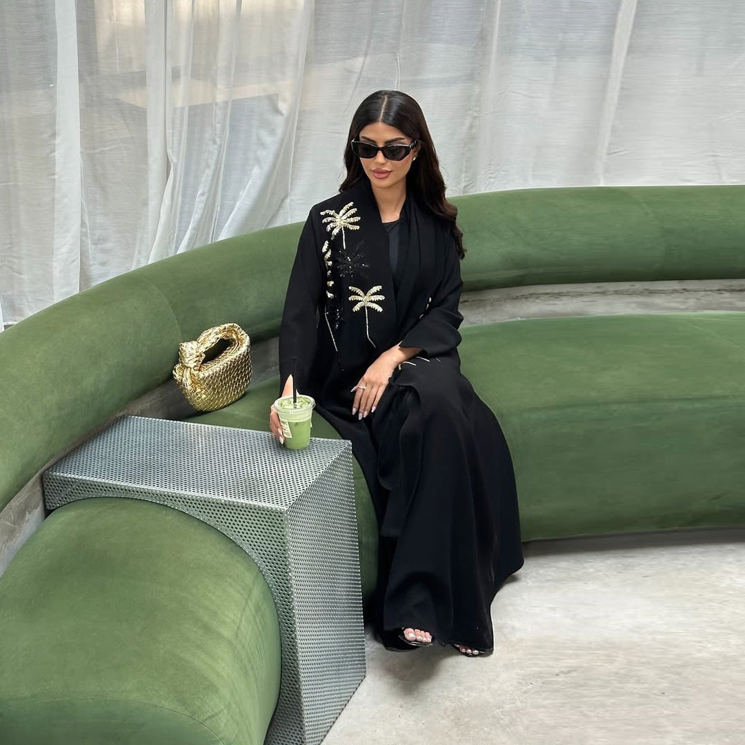 Premium bestickte Abaya "Palm Grove" Offene Robe mit Gold-Palmen Stickerei (Schwarz)
