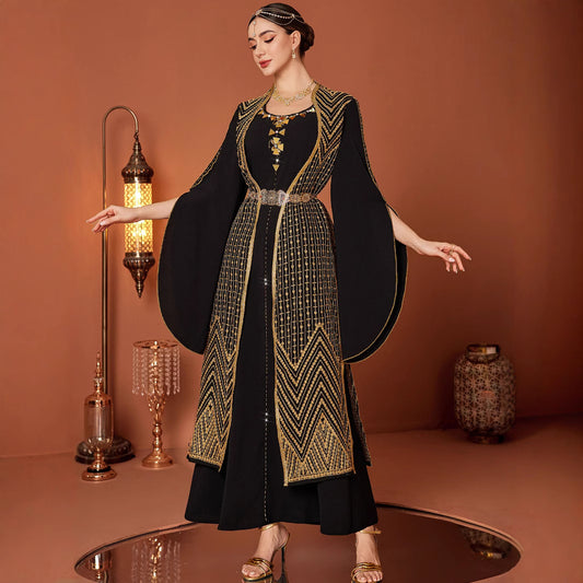 Marokkanisches Kaftan-Kleid „Mia“ – Schwarz mit Gold-Stickerei