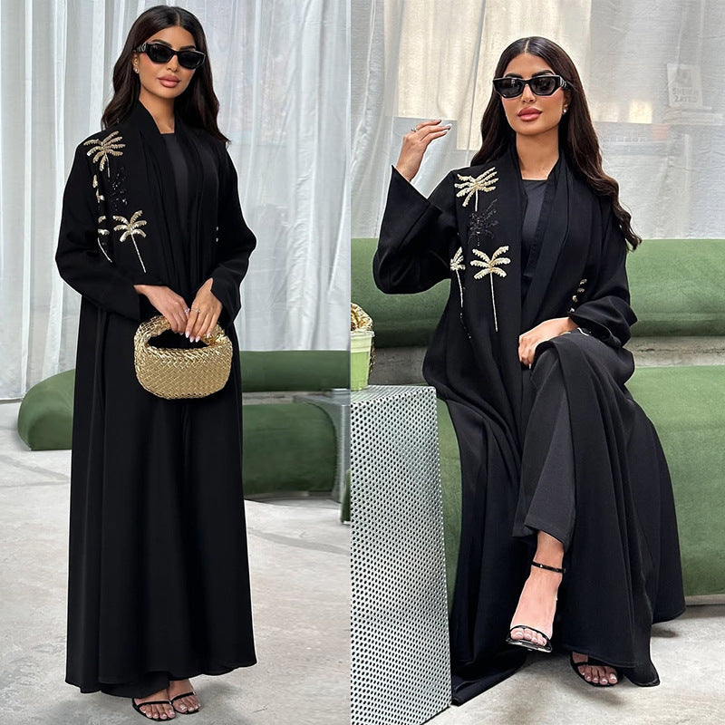 Premium bestickte Abaya "Palm Grove" Offene Robe mit Gold-Palmen Stickerei (Schwarz)