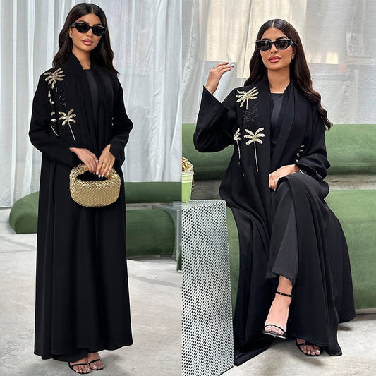 Premium bestickte Abaya "Palm Grove" Offene Robe mit Gold-Palmen Stickerei (Schwarz)