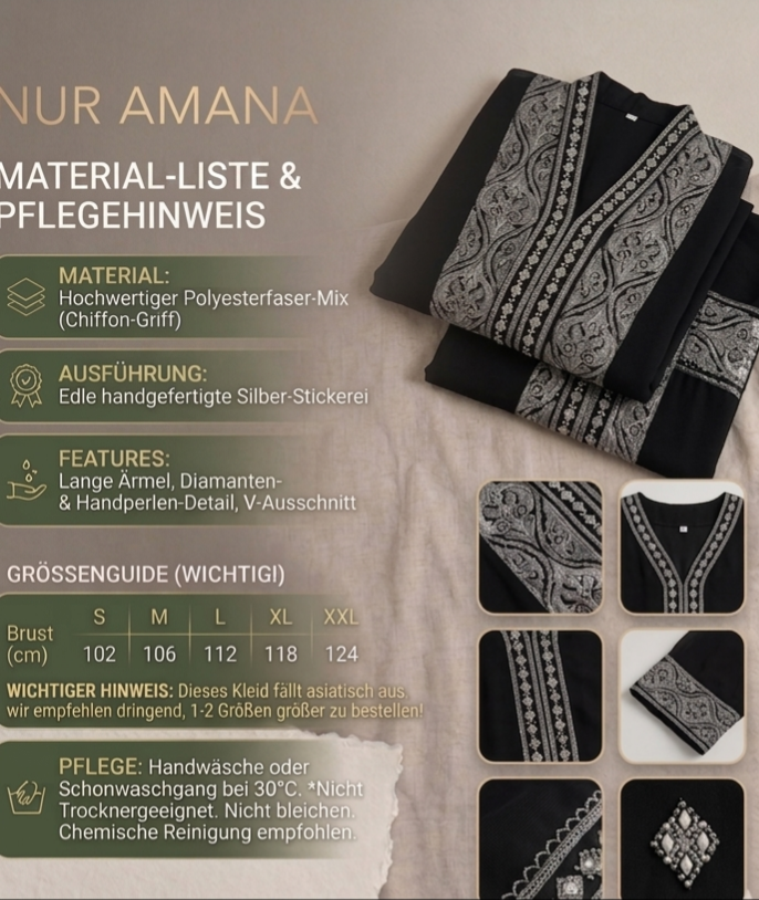Soraya Silber-Abaya – Handgefertigte Eleganz in Tiefschwarz