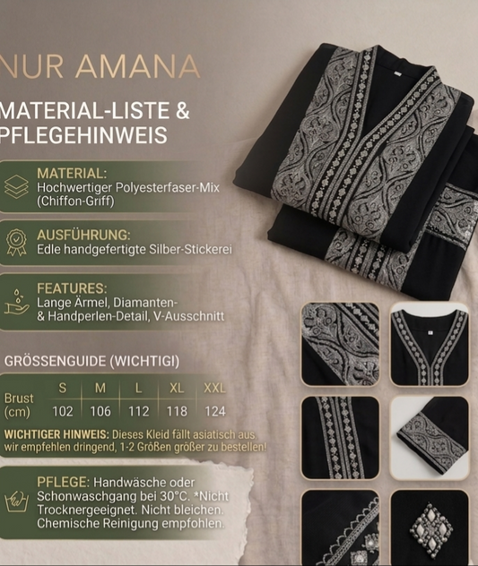 Soraya Silber-Abaya – Handgefertigte Eleganz in Tiefschwarz