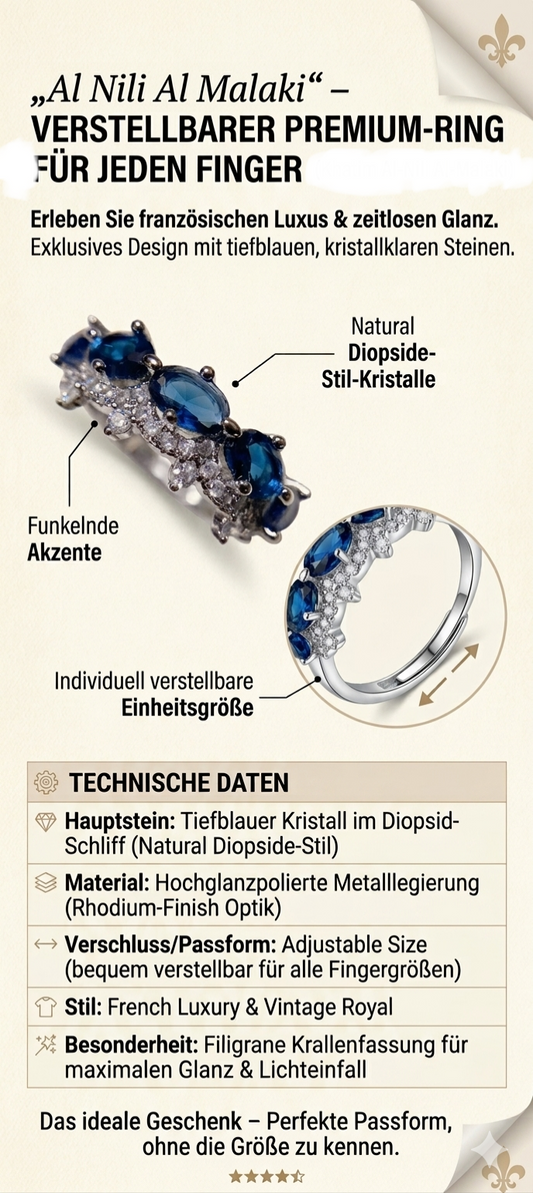 „Layali“ Luxus-Ring – Tiefblauer Diopsid in verstellbarer Fassung