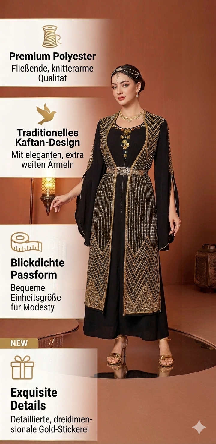 Marokkanisches Kaftan-Kleid „Mia“ – Schwarz mit Gold-Stickerei