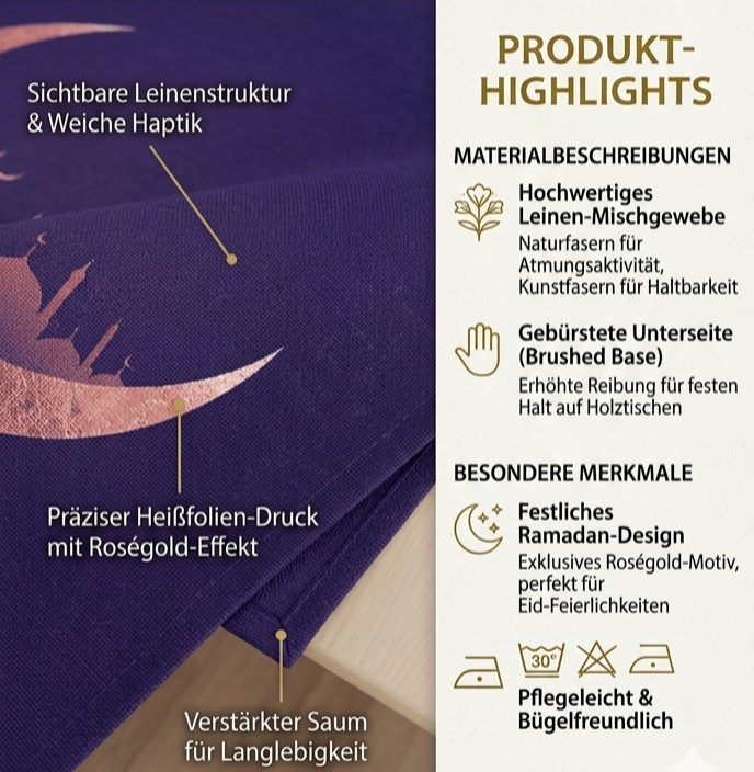 Premium Tischläufer für Eid & Ramadan – Edle Leinen-Optik Dekoration für das Festmahl