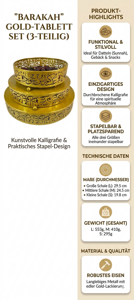 „Barakah“ Gold-Tablett Set mit Kalligrafie – 3-teiliges Servierschalen-Set für Ramadan & Eid Al Adha