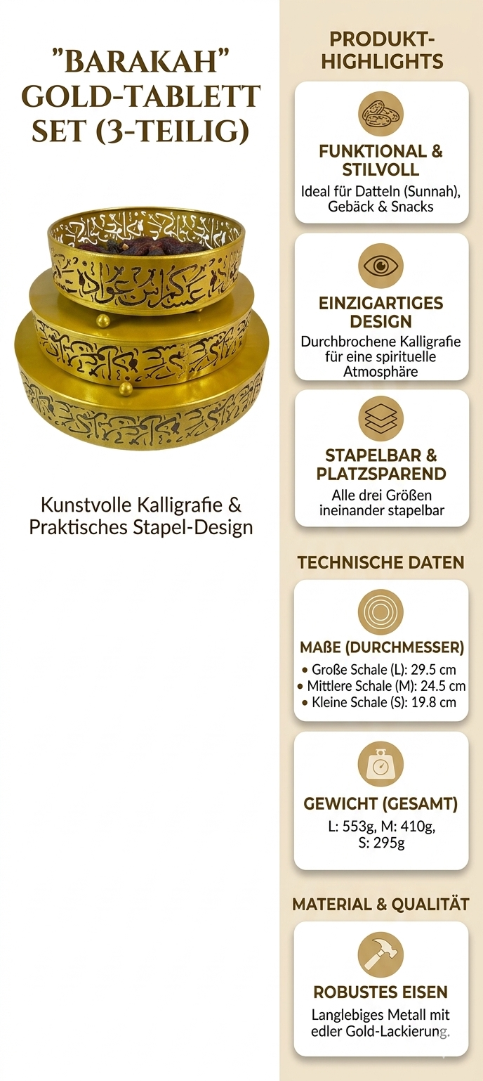 „Barakah“ Gold-Tablett Set mit Kalligrafie – 3-teiliges Servierschalen-Set für Ramadan & Eid Al Adha