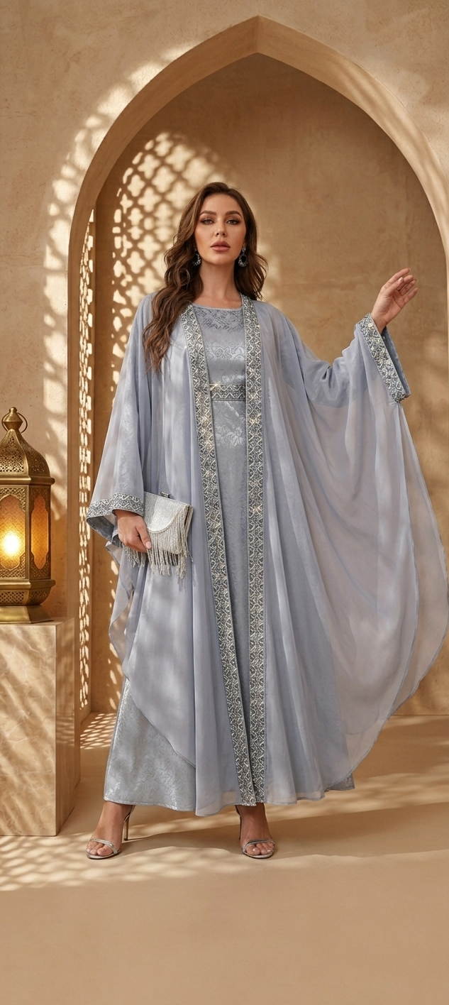 Ayesha Abaya-Set-Himmlische Stickerei & fließende Eleganz in Hellgrau