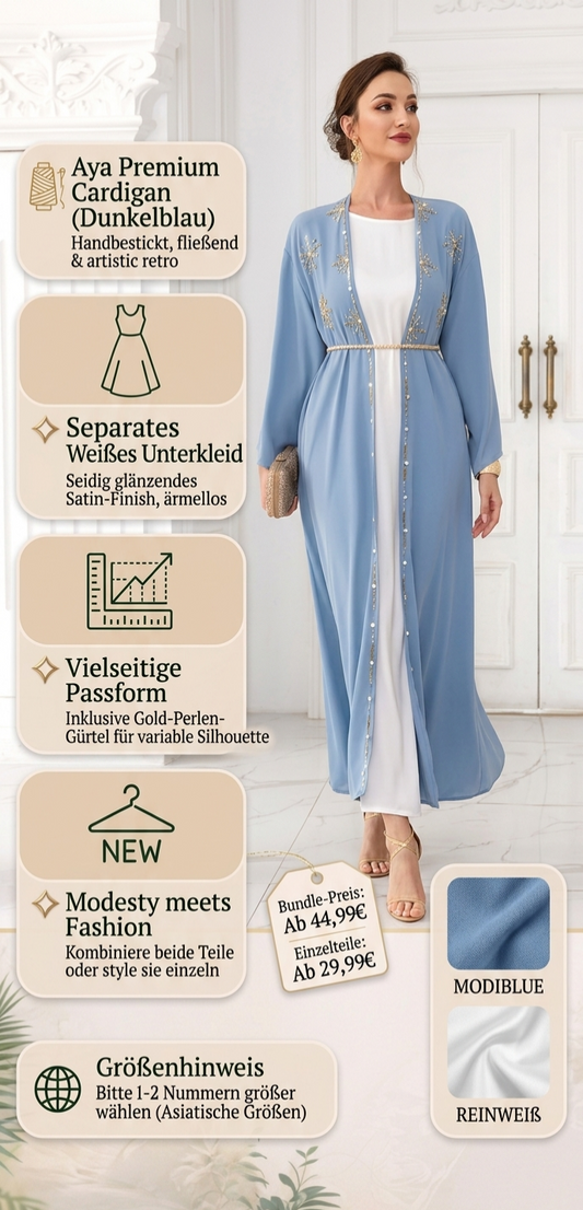 Aya Premium“ Handbestickter Cardigan & Satin-Unterkleid