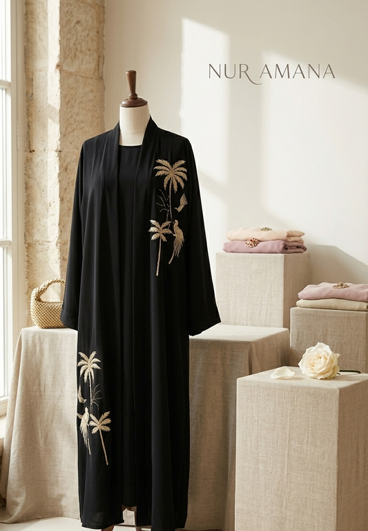 Premium bestickte Abaya "Palm Grove" Offene Robe mit Gold-Palmen Stickerei (Schwarz)