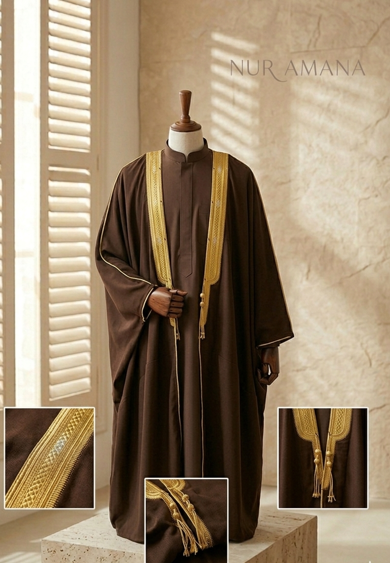 Premium Herren Bisht "Amir" – Traditionelle Überrobe mit Goldstickerei