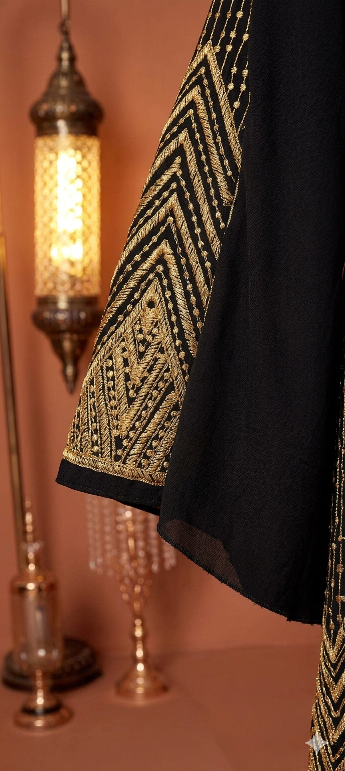 Marokkanisches Kaftan-Kleid „Mia“ – Schwarz mit Gold-Stickerei