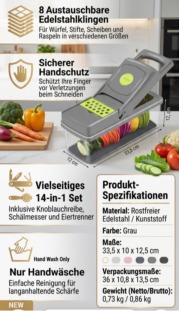 Pro-Küchenhelfer: Multifunktions-Reibe mit 8 Edelstahlklingen